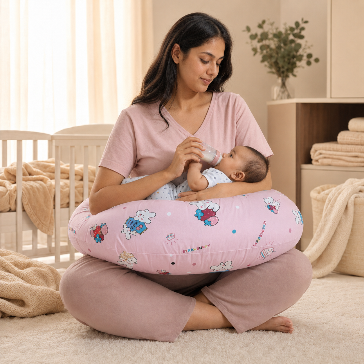 Pink Bunny & Strawberry Pregnancy & Feeding Pillow