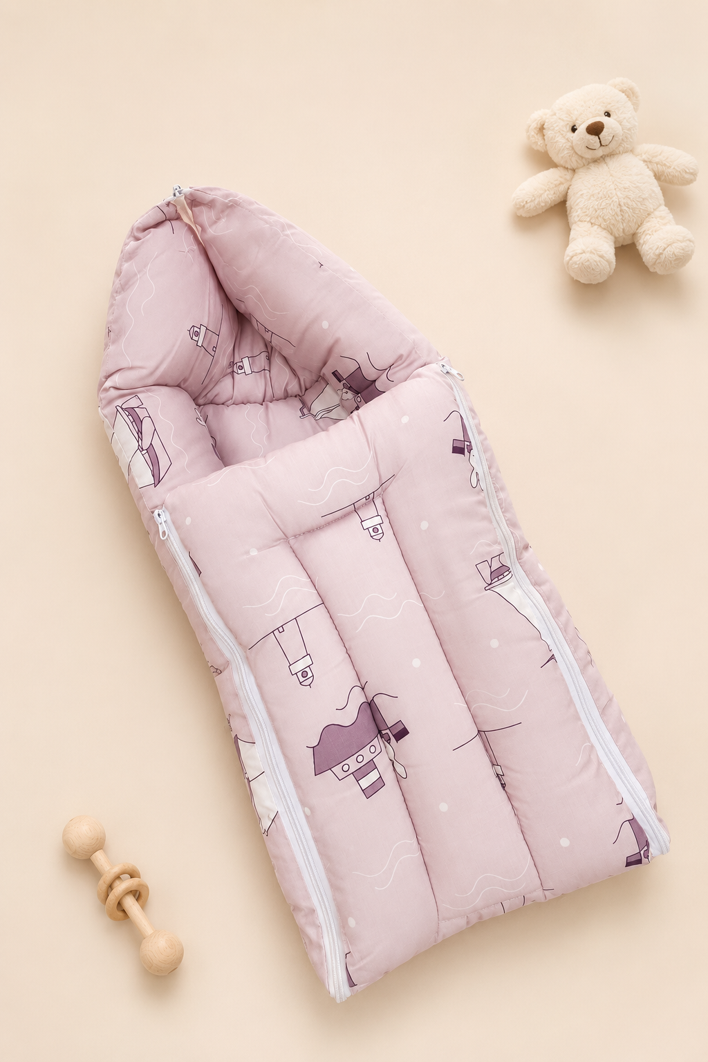 Dusty Pink Boat-Print Baby Carry Nest