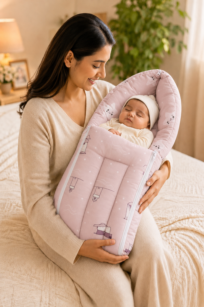 Dusty Pink Boat-Print Baby Carry Nest