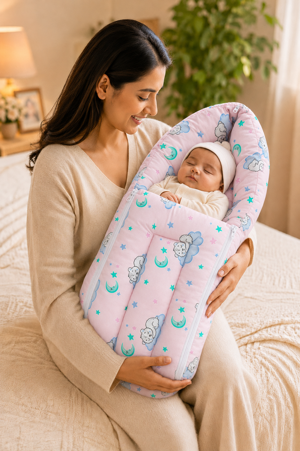 Pink Moon & Star-Print Baby Carry Nest