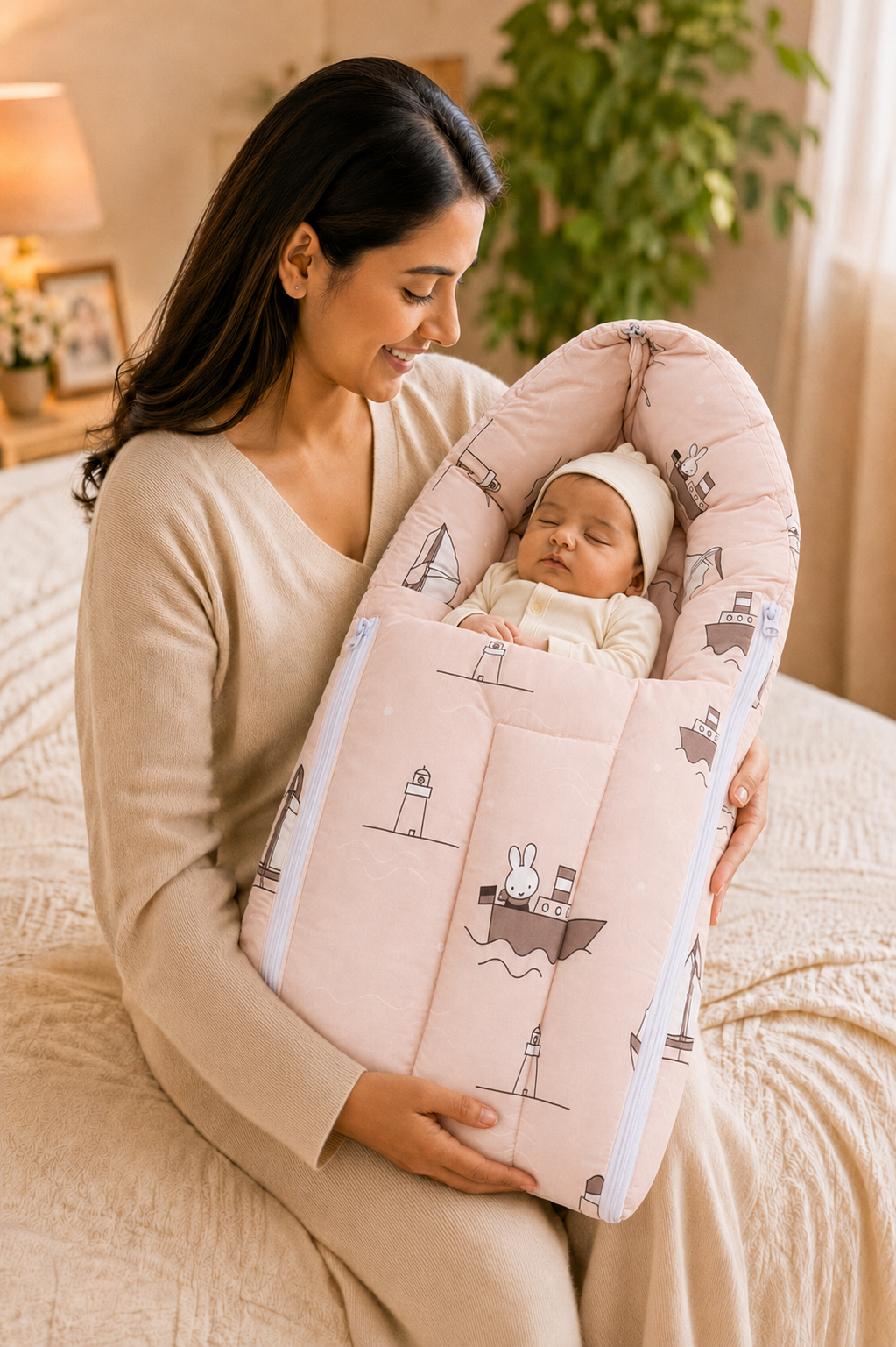 Dusty Pink Boat-Print Baby Carry Nest
