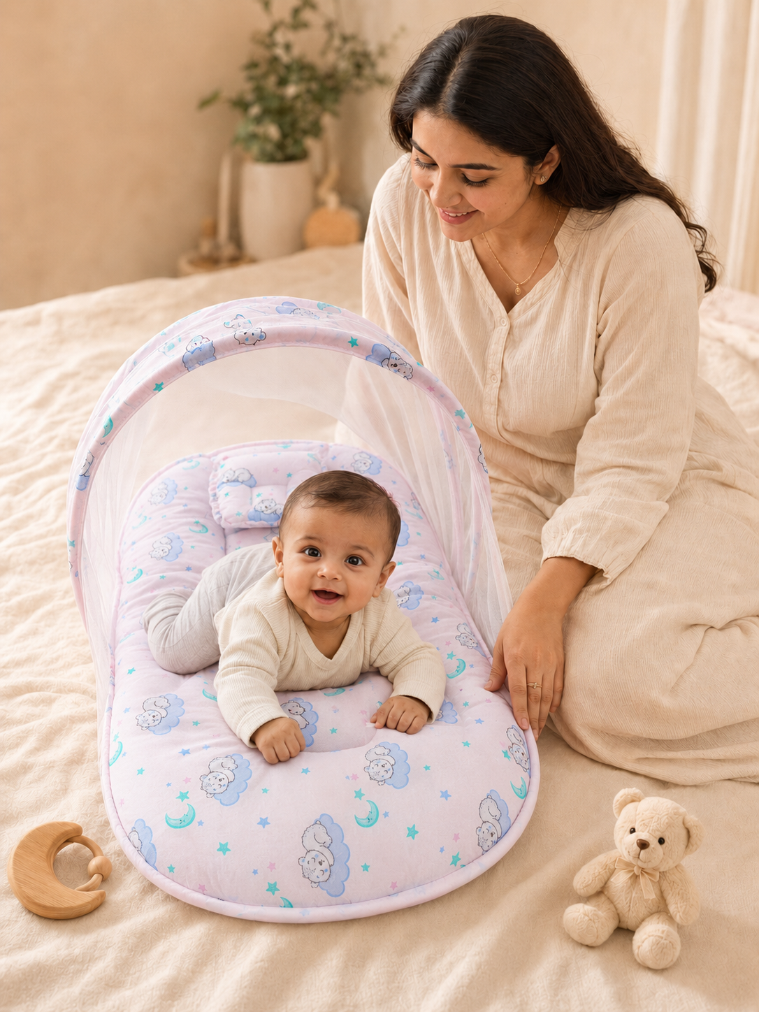 Pink Dreamy Cloud Print Baby Mosquito Net Bed