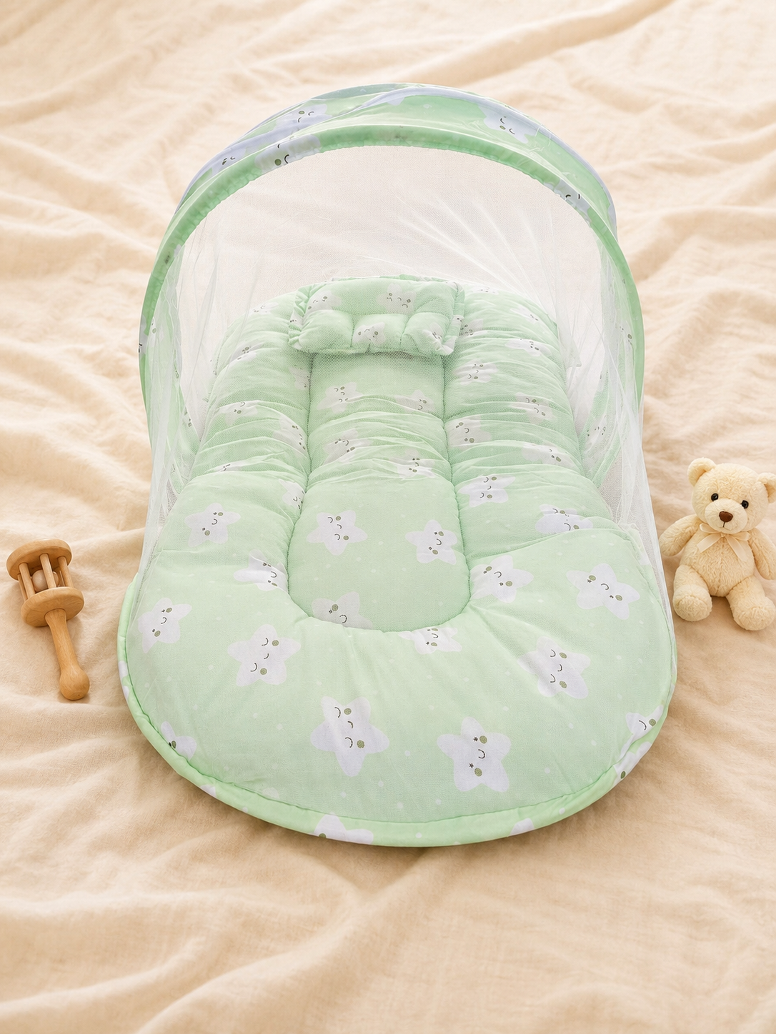 Mint Green Star-Print Baby Bed with Mosquito Net