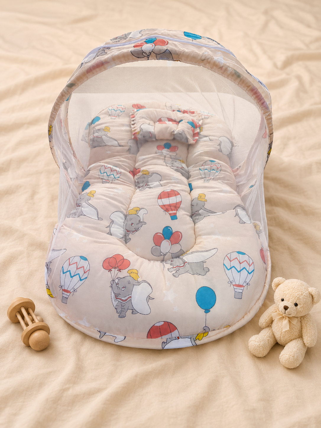 Elephant & Balloon Print Baby Bed with Mosquito Net