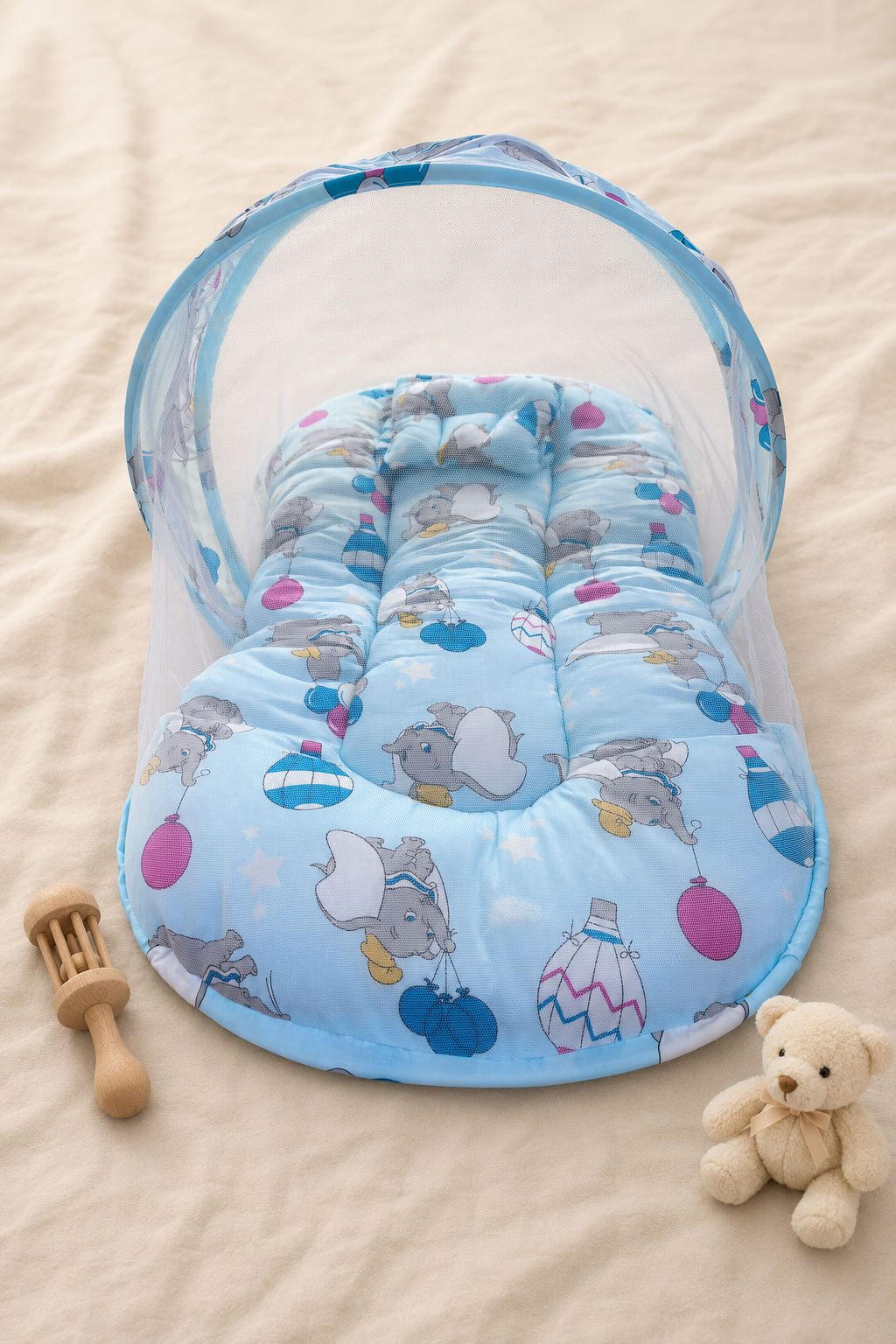 Elephant & Balloon Print Baby Bed with Mosquito Net
