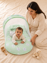Mint Green Star-Print Baby Bed with Mosquito Net