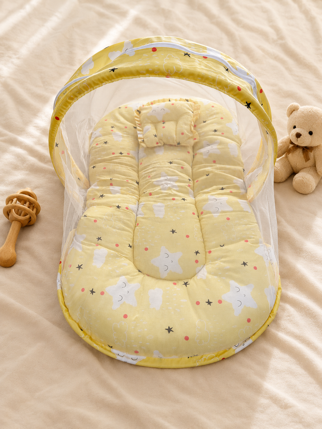 Mint Green Star-Print Baby Bed with Mosquito Net