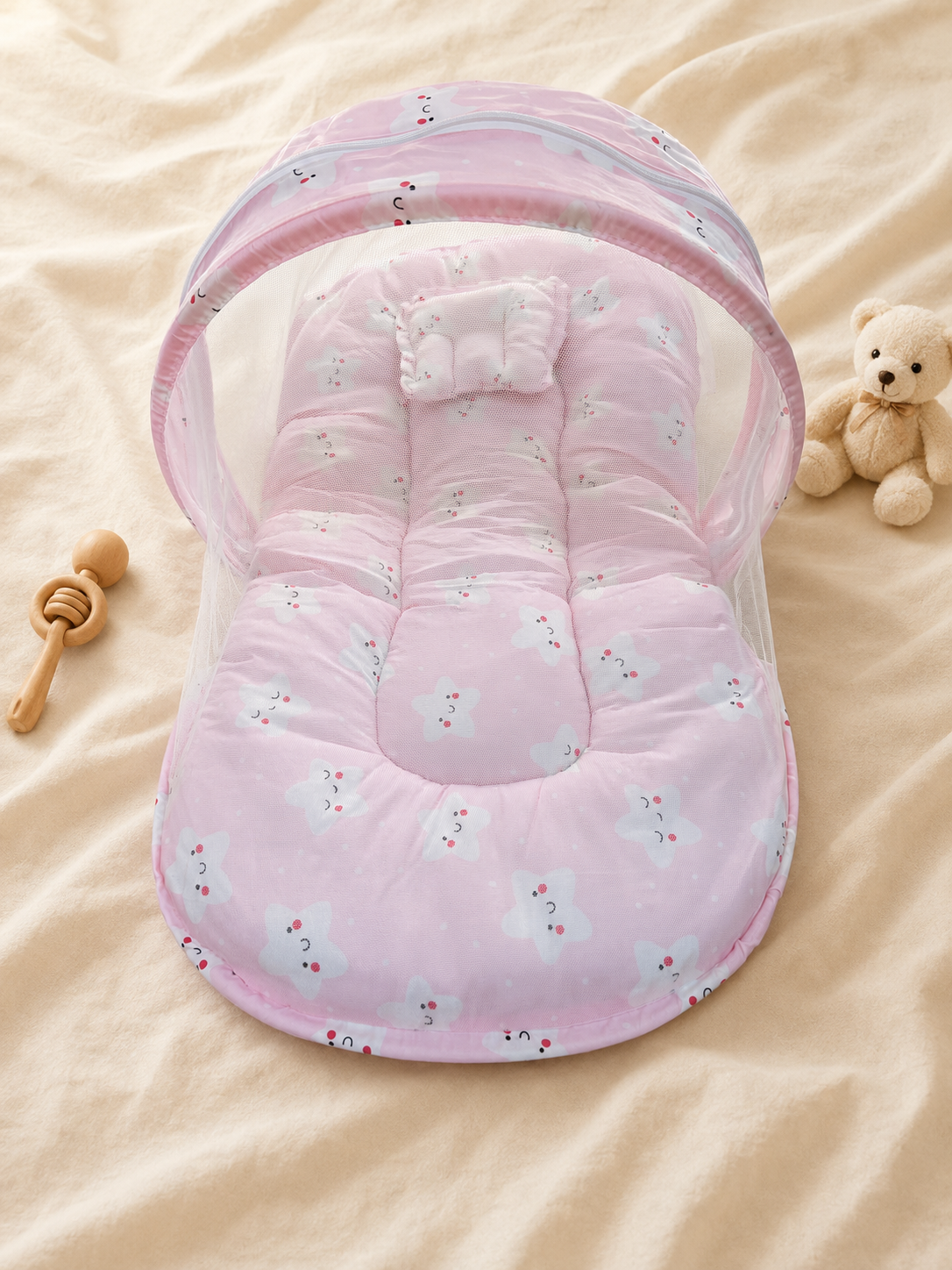 Mint Green Star-Print Baby Bed with Mosquito Net