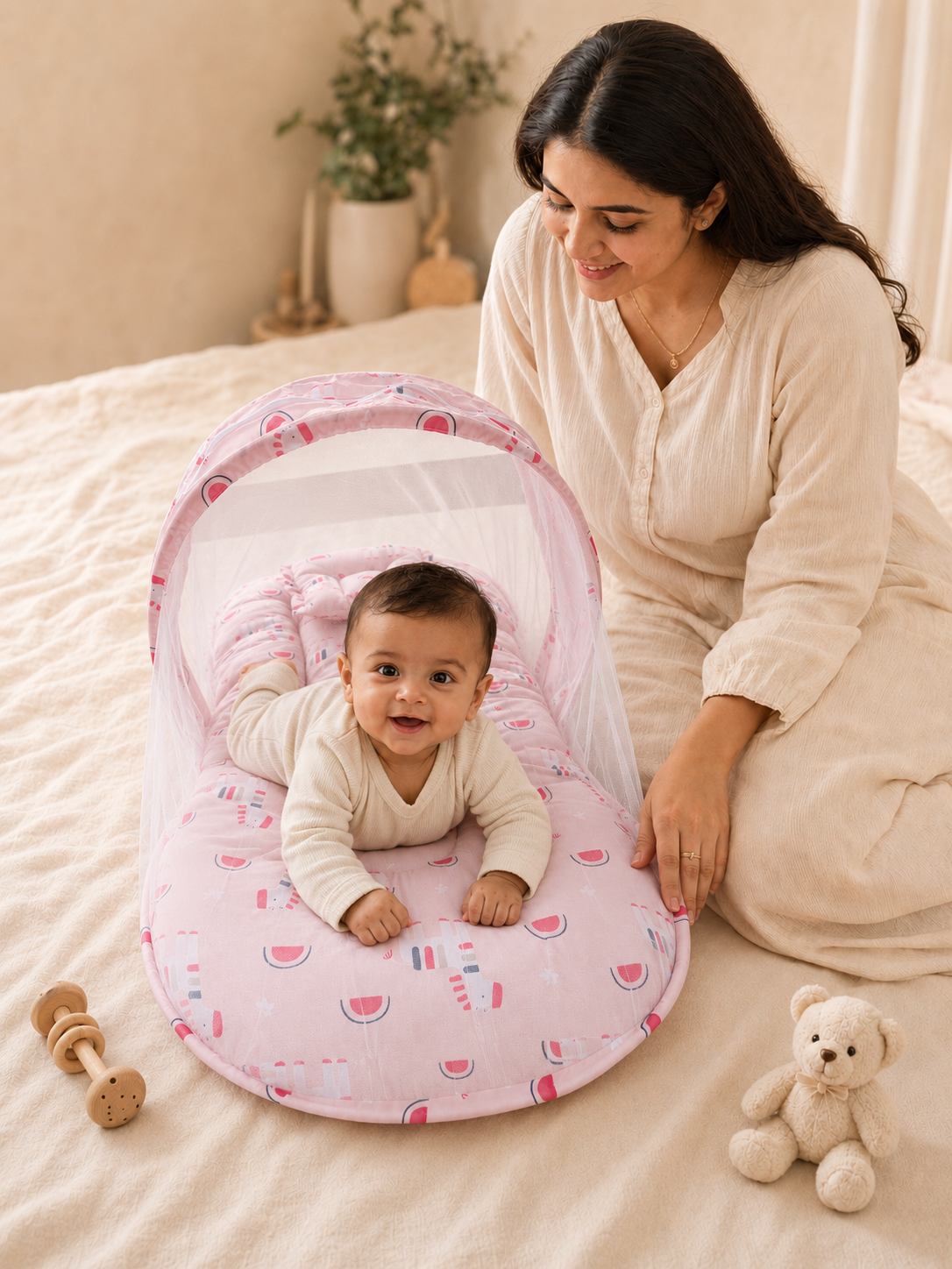 Pink Animal-Print Baby Bed with Mosquito Net