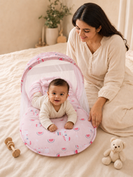 Pink Animal-Print Baby Bed with Mosquito Net