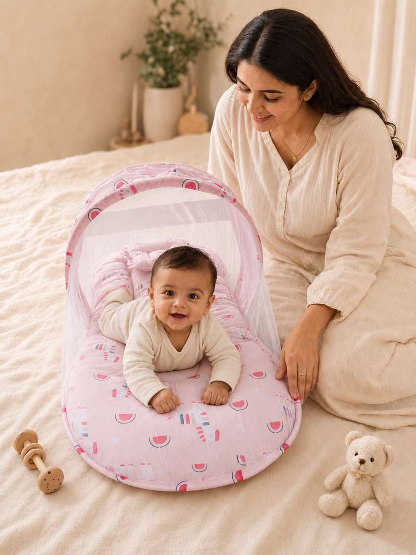 Pink Animal-Print Baby Bed with Mosquito Net