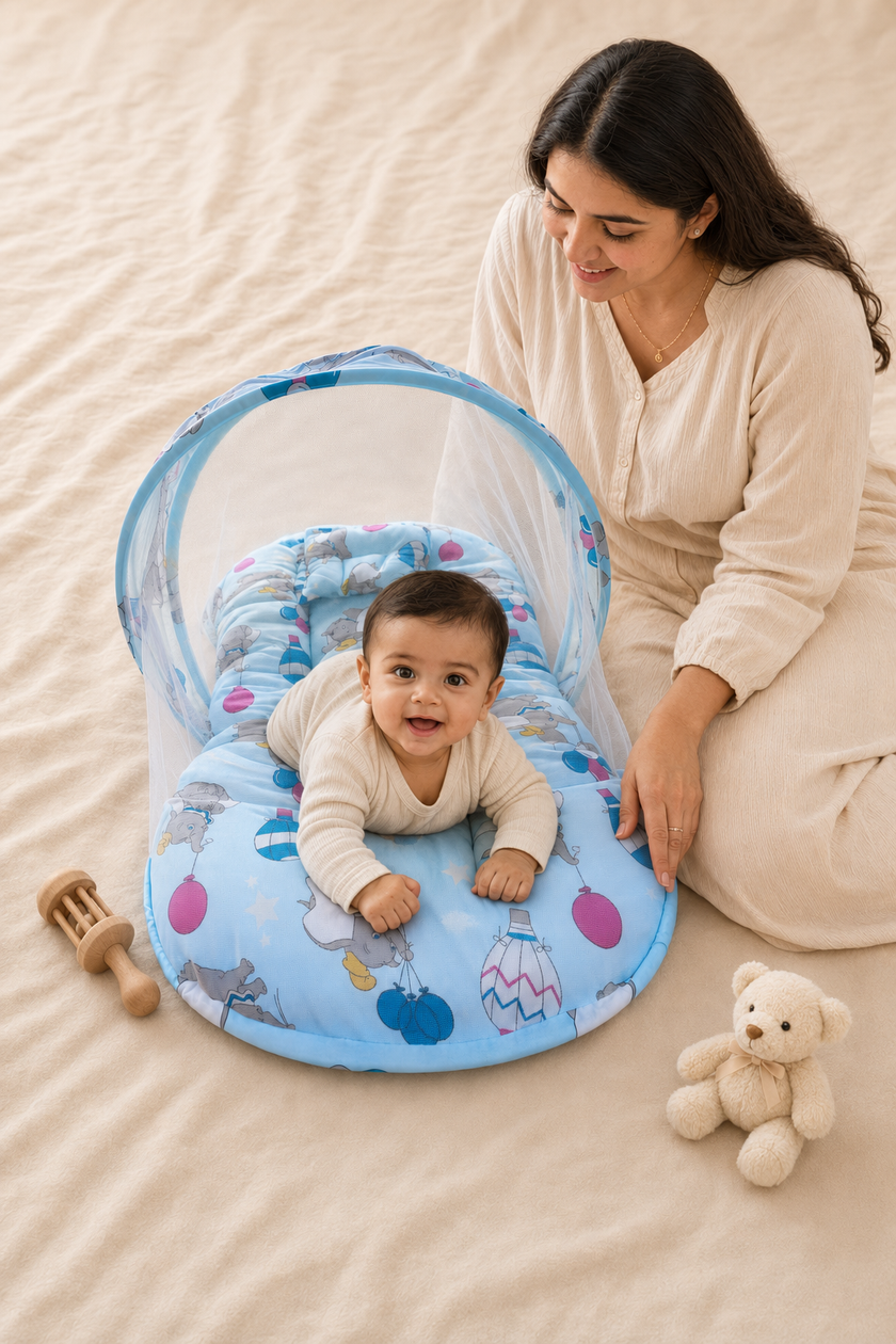 Elephant & Balloon Print Baby Bed with Mosquito Net