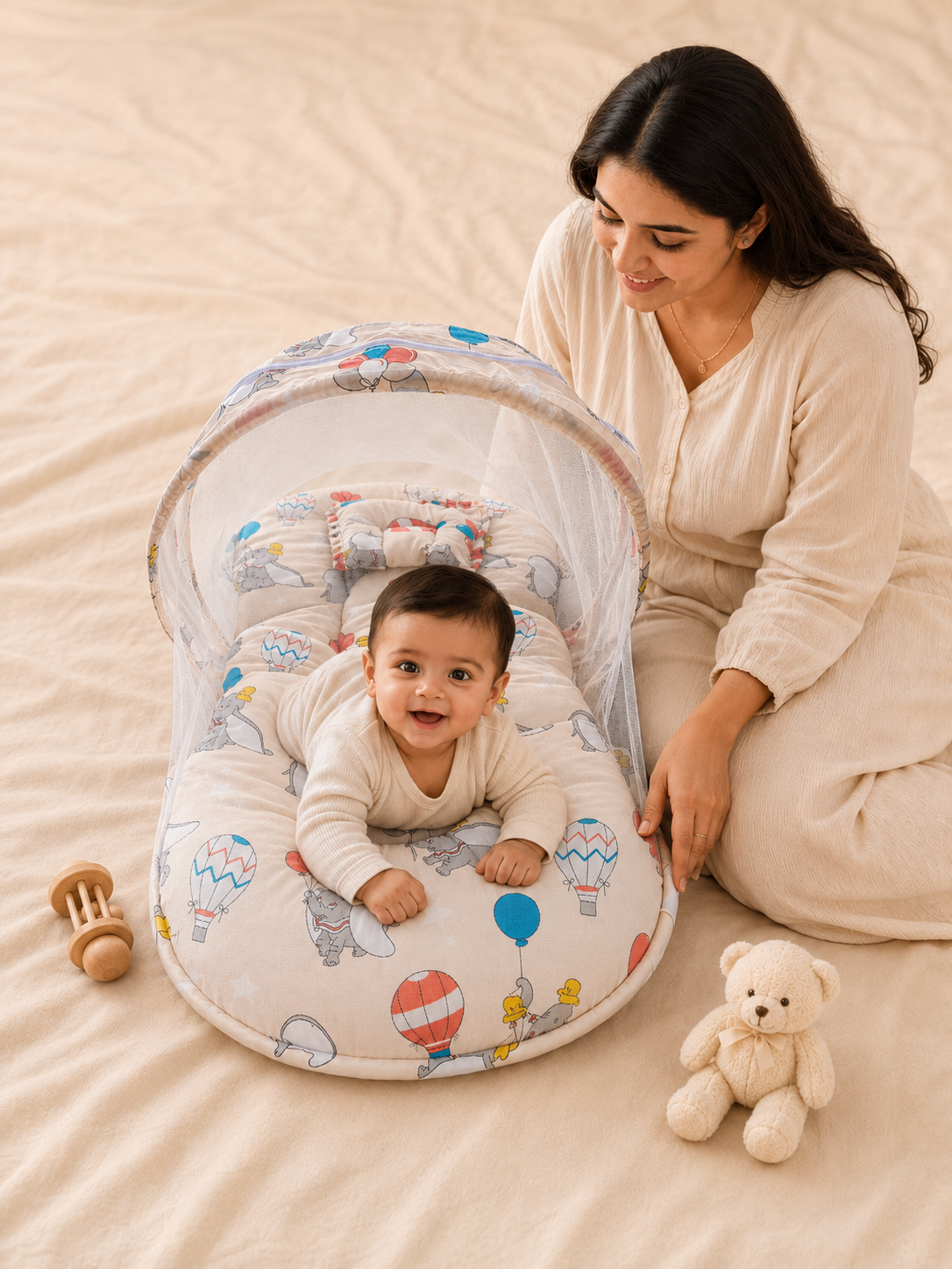 Elephant & Balloon Print Baby Bed with Mosquito Net