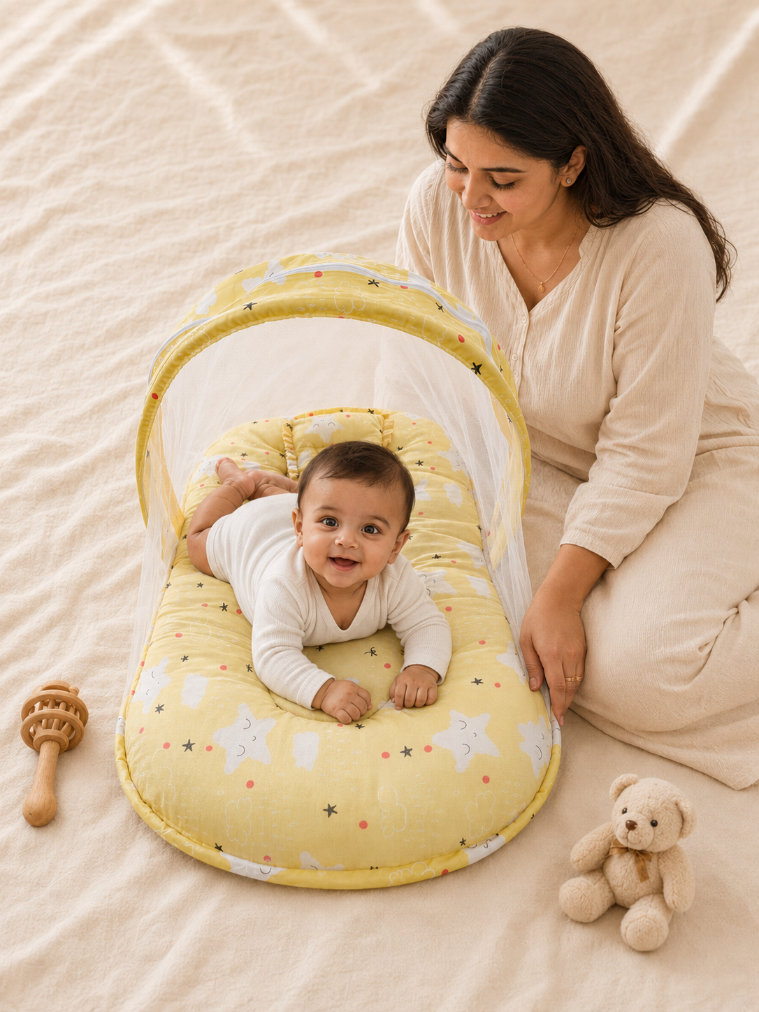 Mint Green Star-Print Baby Bed with Mosquito Net
