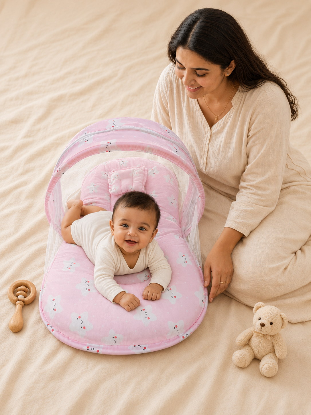 Mint Green Star-Print Baby Bed with Mosquito Net