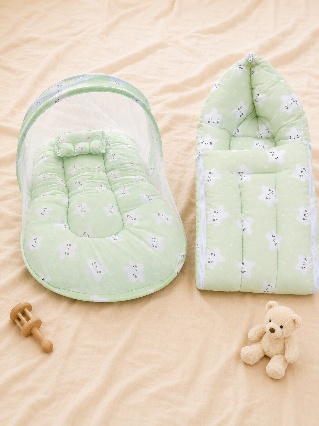 Mint Green Star Print Baby Carry Nest & Mosquito Net Bed Set Combo Set