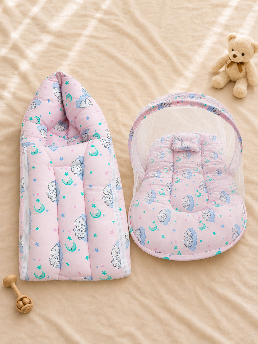 Pink Dreamy Cloud Baby Carry Nest & Mosquito Net Bed Set Combo Set