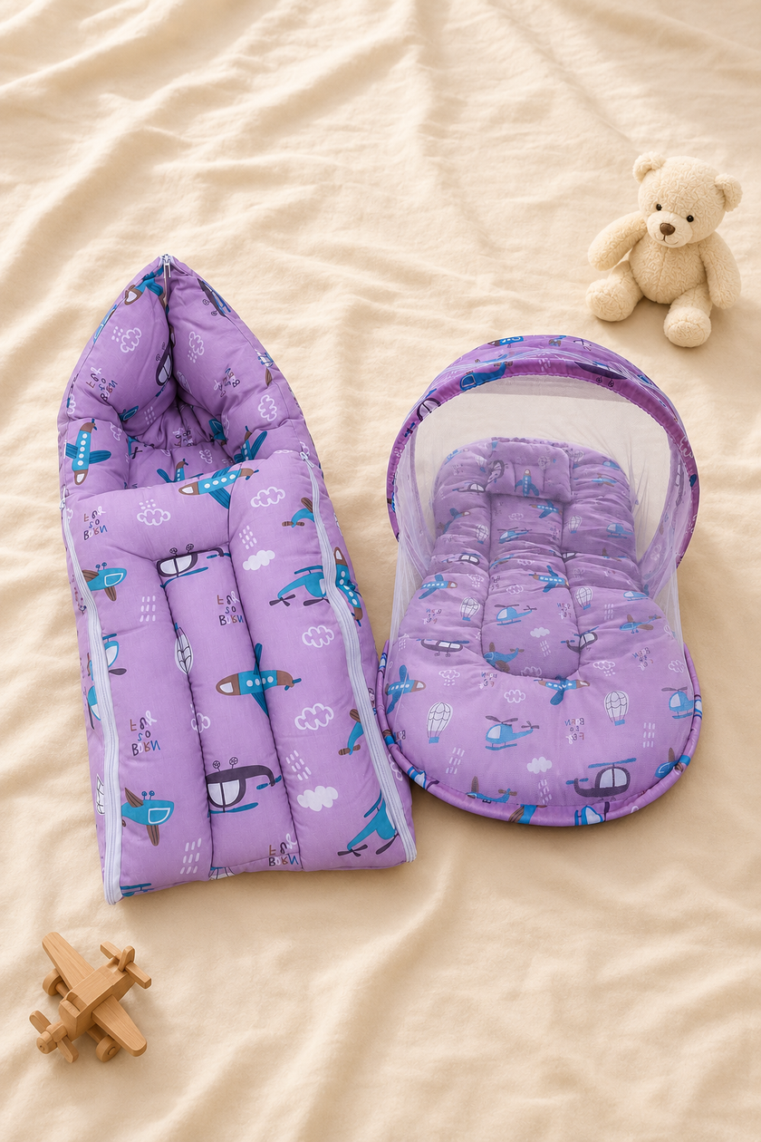 Purple Aviation Print Baby Carry Nest & Mosquito Net Bed Combo Set