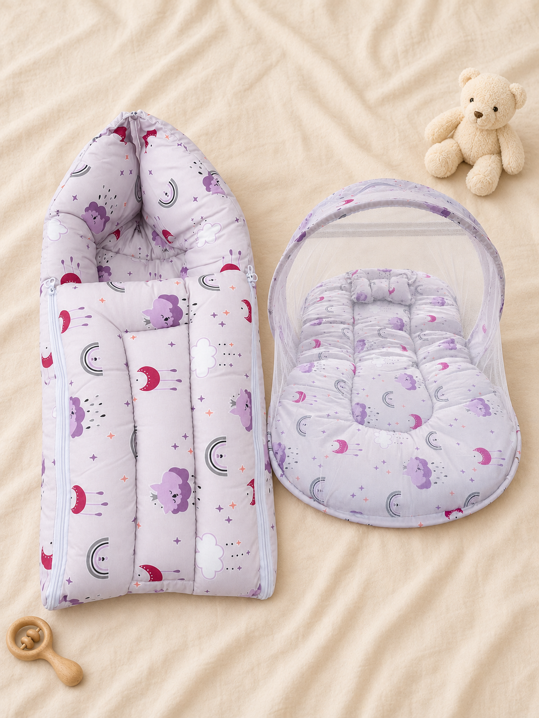 Purple Printed Baby Carry Nest & Mosquito Net Bed Combo Set