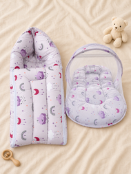 Purple Printed Baby Carry Nest & Mosquito Net Bed Combo Set