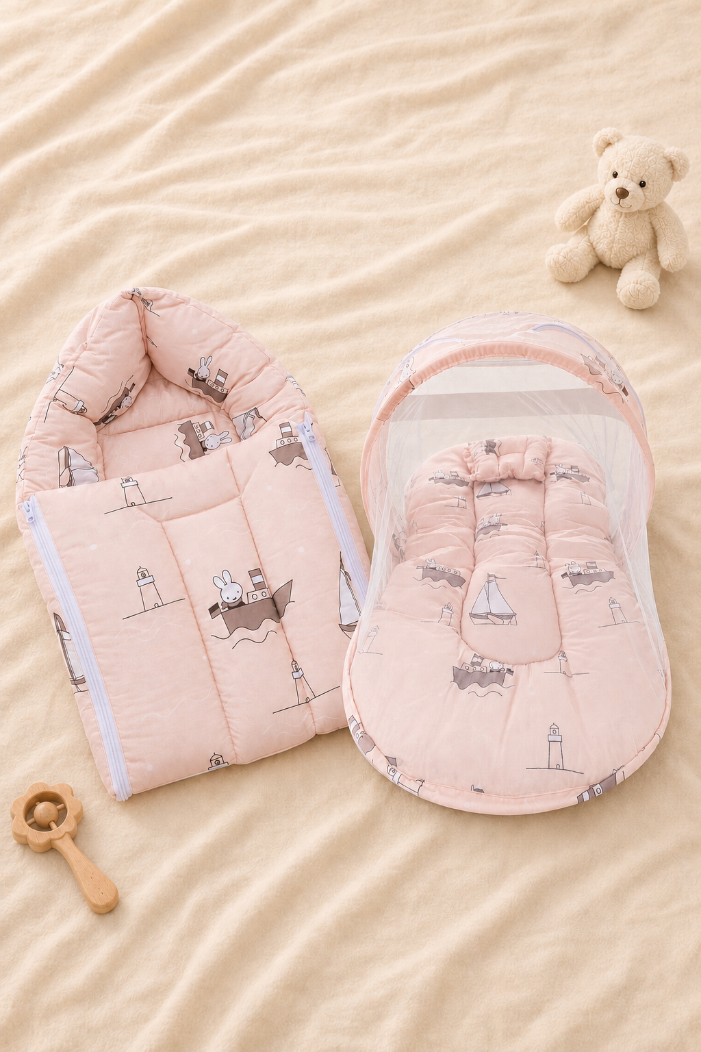 Peach Nautical Print Baby Carry Nest & Mosquito Net Bed Combo Set