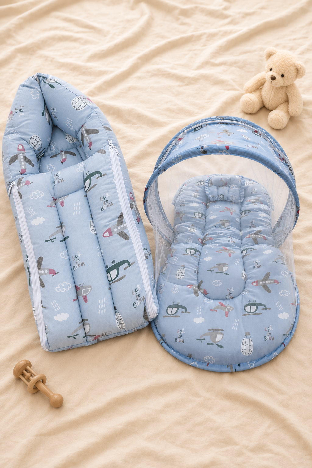Purple Aviation Print Baby Carry Nest & Mosquito Net Bed Combo Set