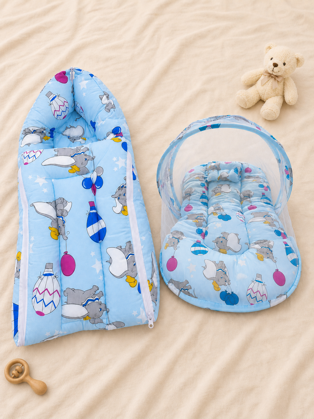 Blue Elephant Print Baby Carry Nest & Mosquito Net Bed Combo set