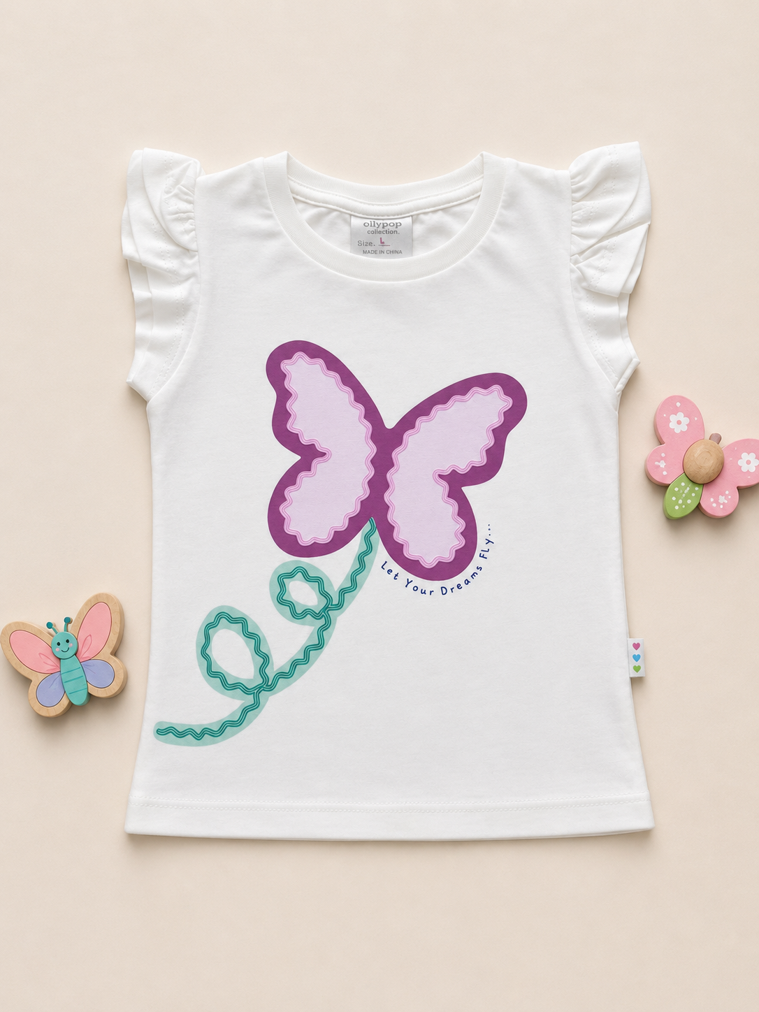 Girls’ White Butterfly Print Flutter-Sleeve T-Shirt