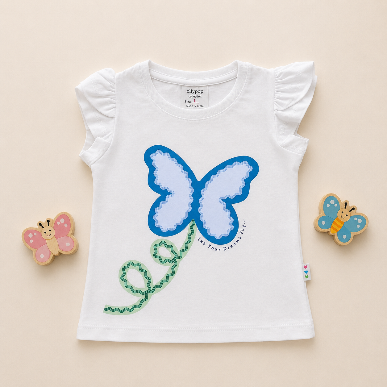 Girls’ White Butterfly Print Flutter-Sleeve T-Shirt
