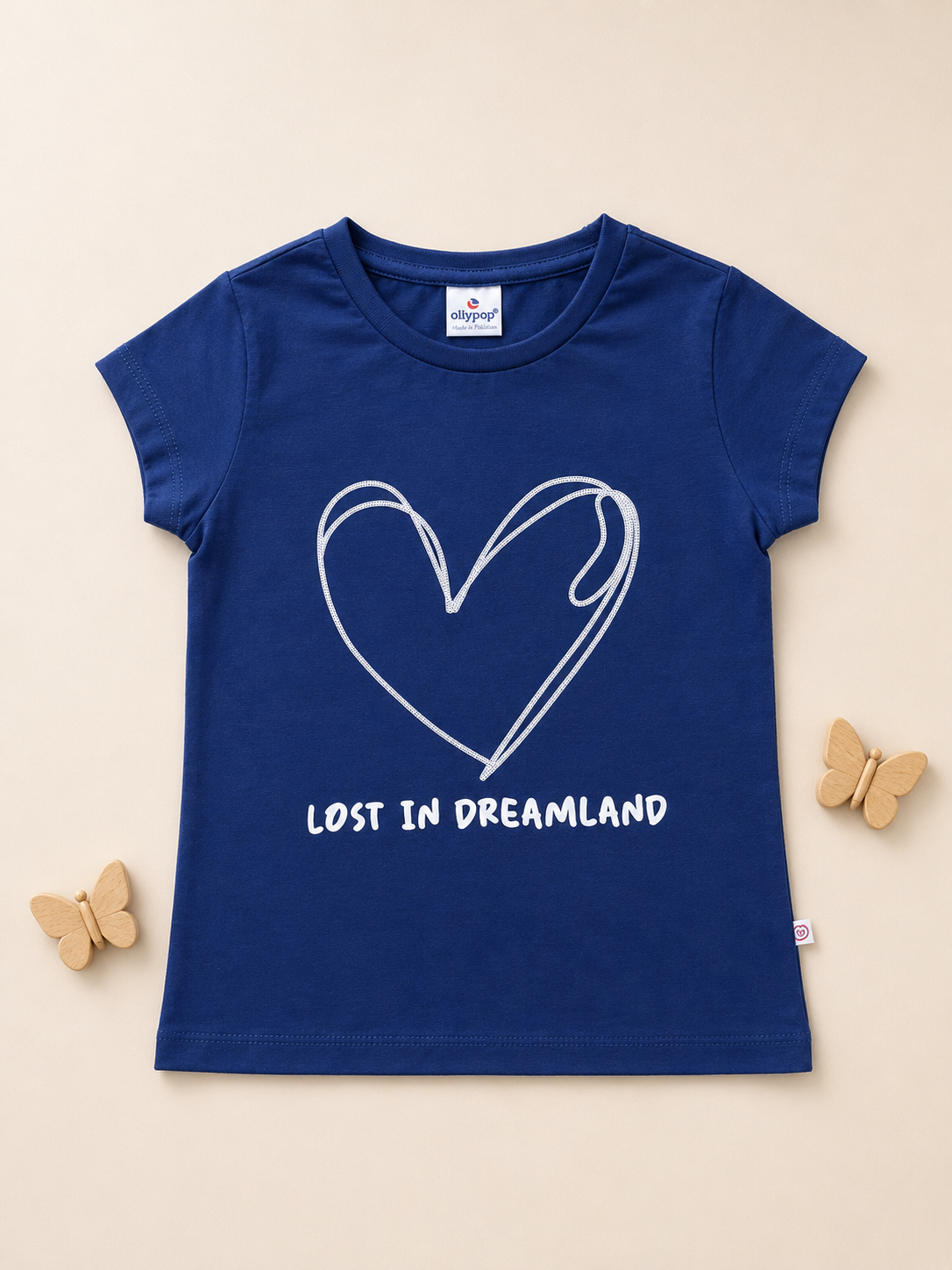 Girls’ Navy Blue “Lost in Dreamland” Heart Print T-Shirt