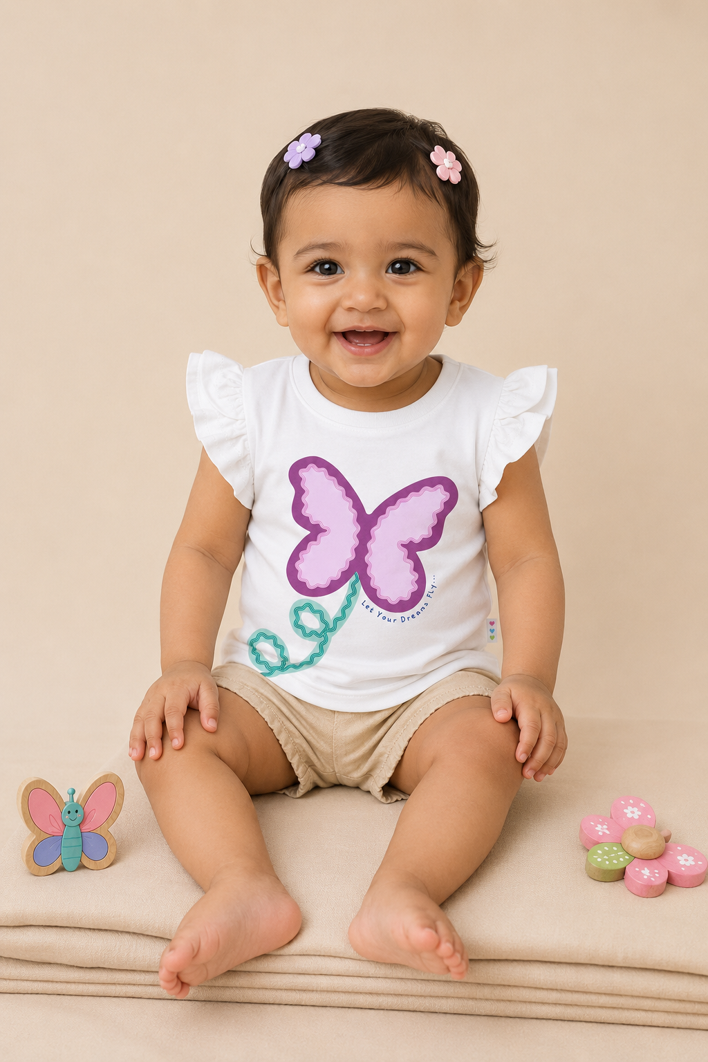 Girls’ White Butterfly Print Flutter-Sleeve T-Shirt