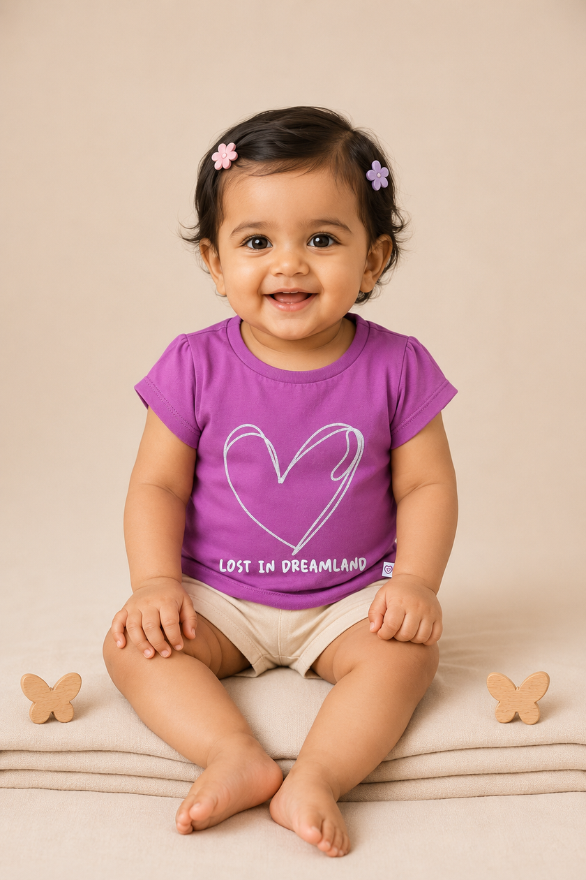 Girls’ Navy Blue “Lost in Dreamland” Heart Print T-Shirt