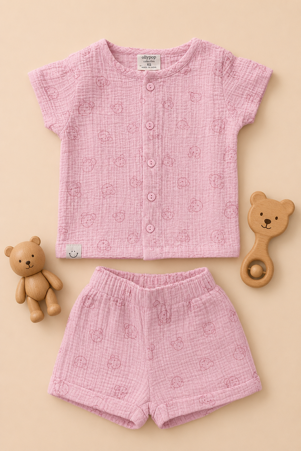 Baby Bear Print Muslin Shirt & Shorts Co-ord Set