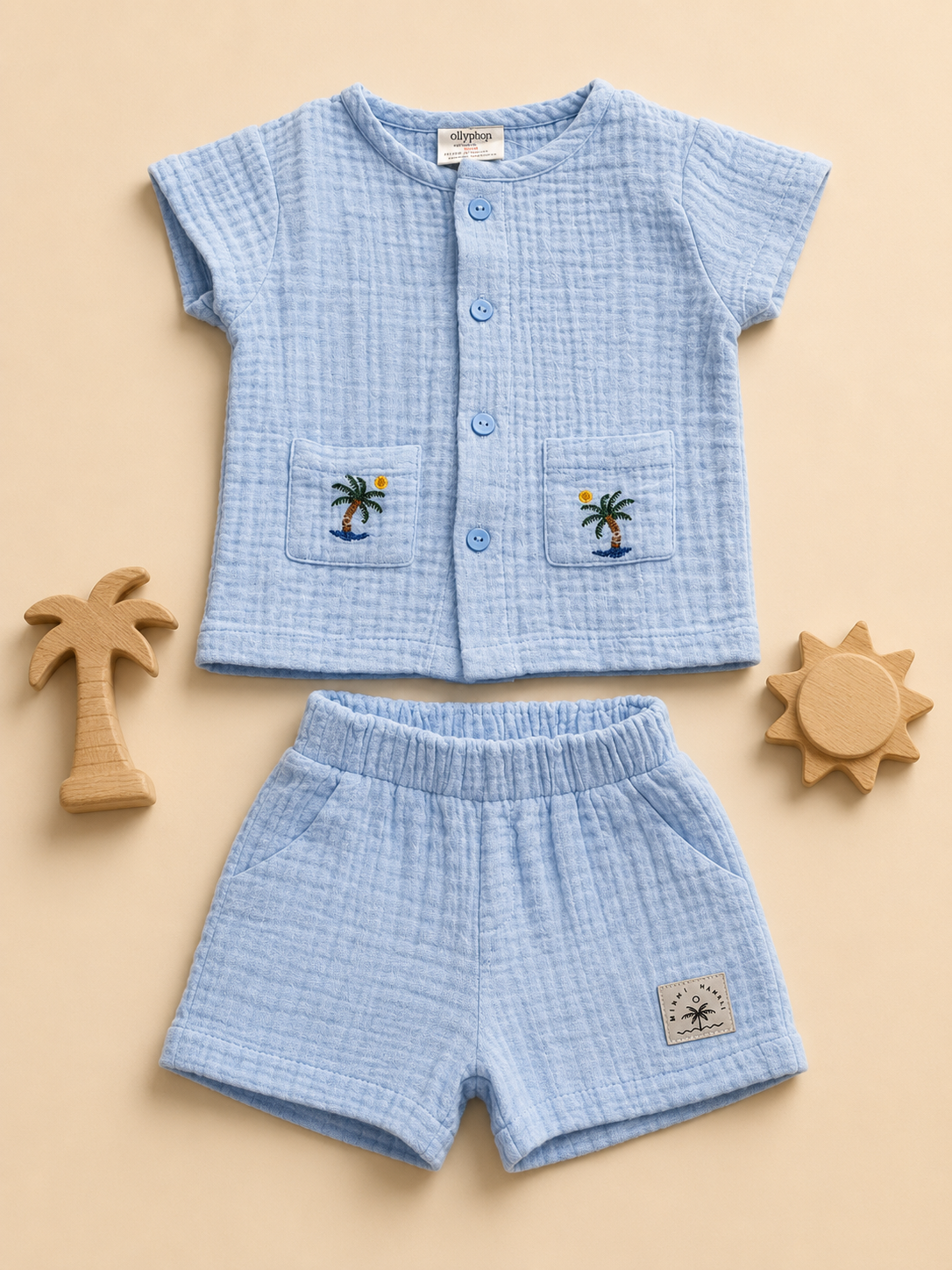 Boys Palm Tree Embroidered Muslin Shirt & Shorts Set