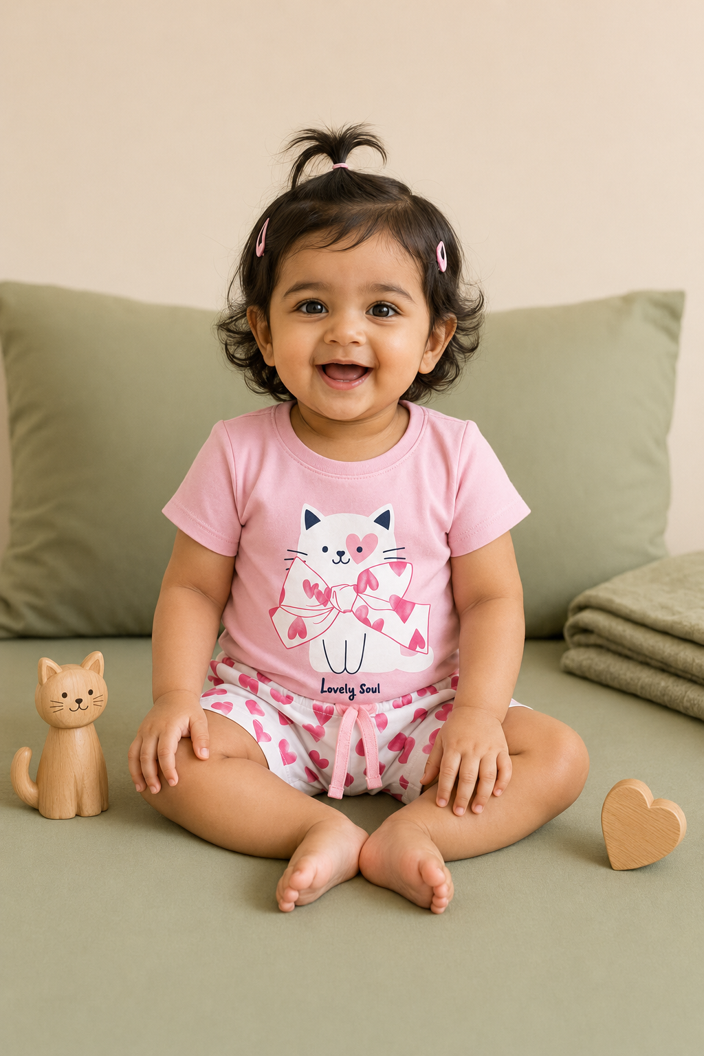 Lovely Soul Cat & Heart Girls T-Shirt & Shorts Co-Ord Set