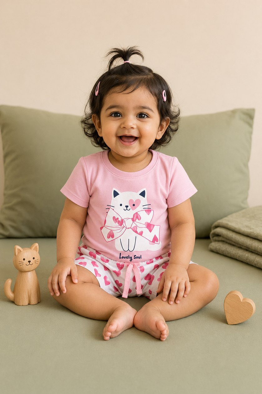 Lovely Soul Cat & Heart Girls T-Shirt & Shorts Co-Ord Set