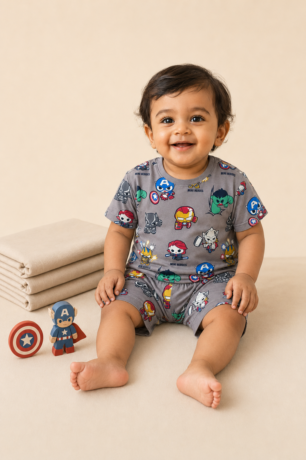 Boys’ Mini Superheroes Printed T-Shirt & Shorts Co-Ord Set