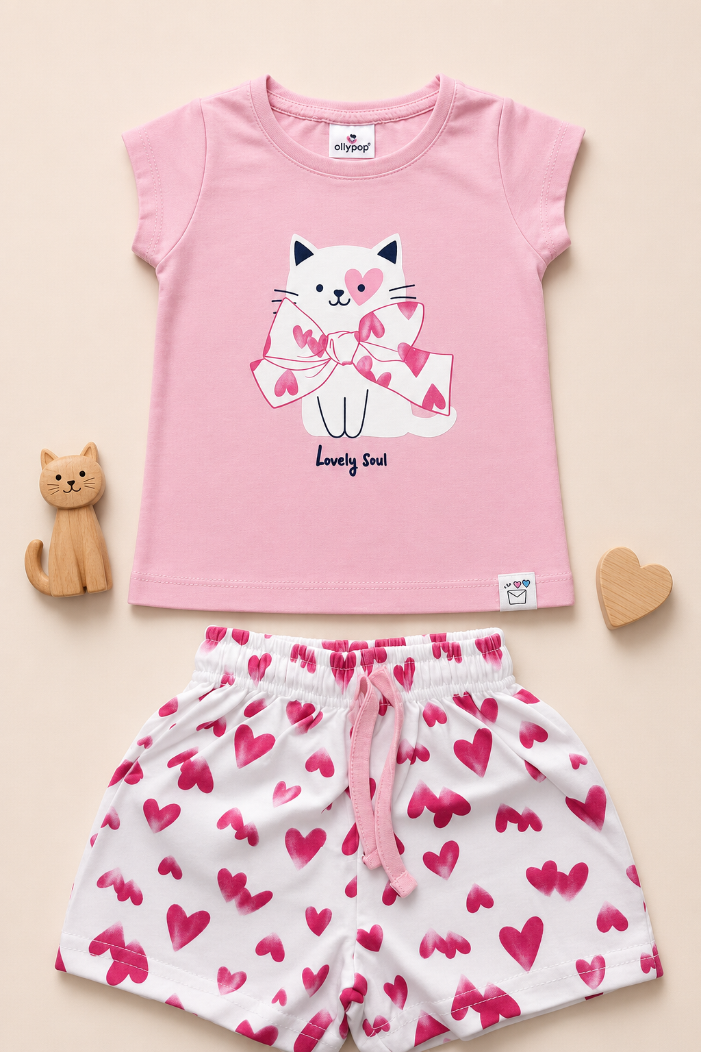 Lovely Soul Cat & Heart Girls T-Shirt & Shorts Co-Ord Set