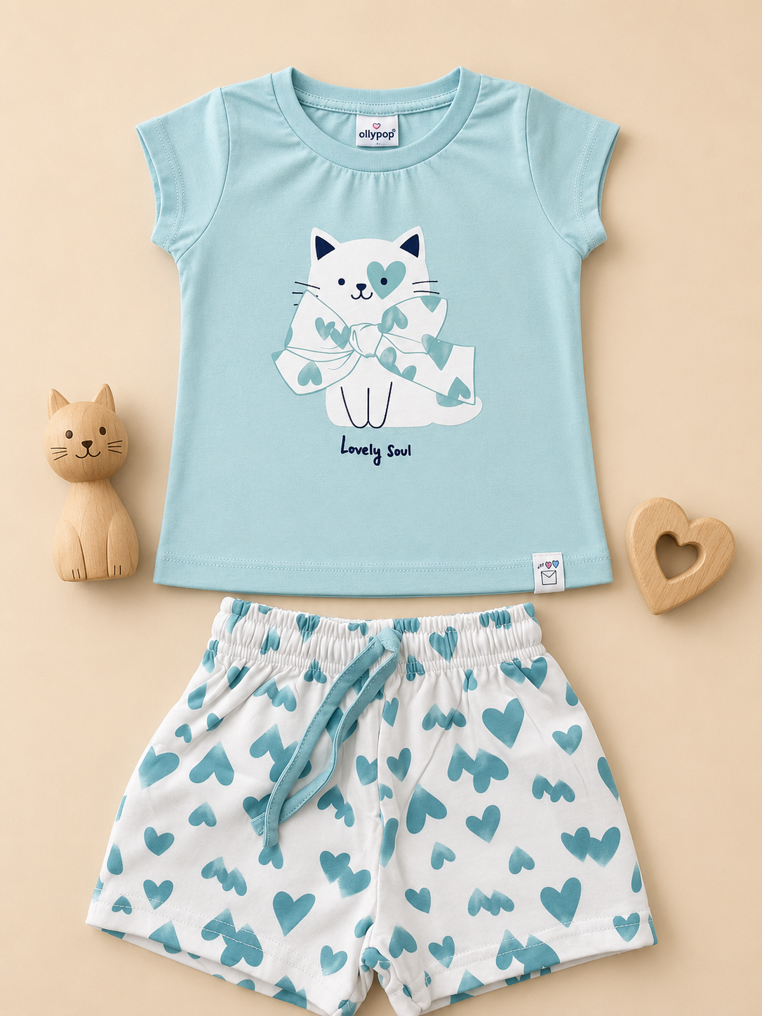 Lovely Soul Cat & Heart Girls T-Shirt & Shorts Co-Ord Set