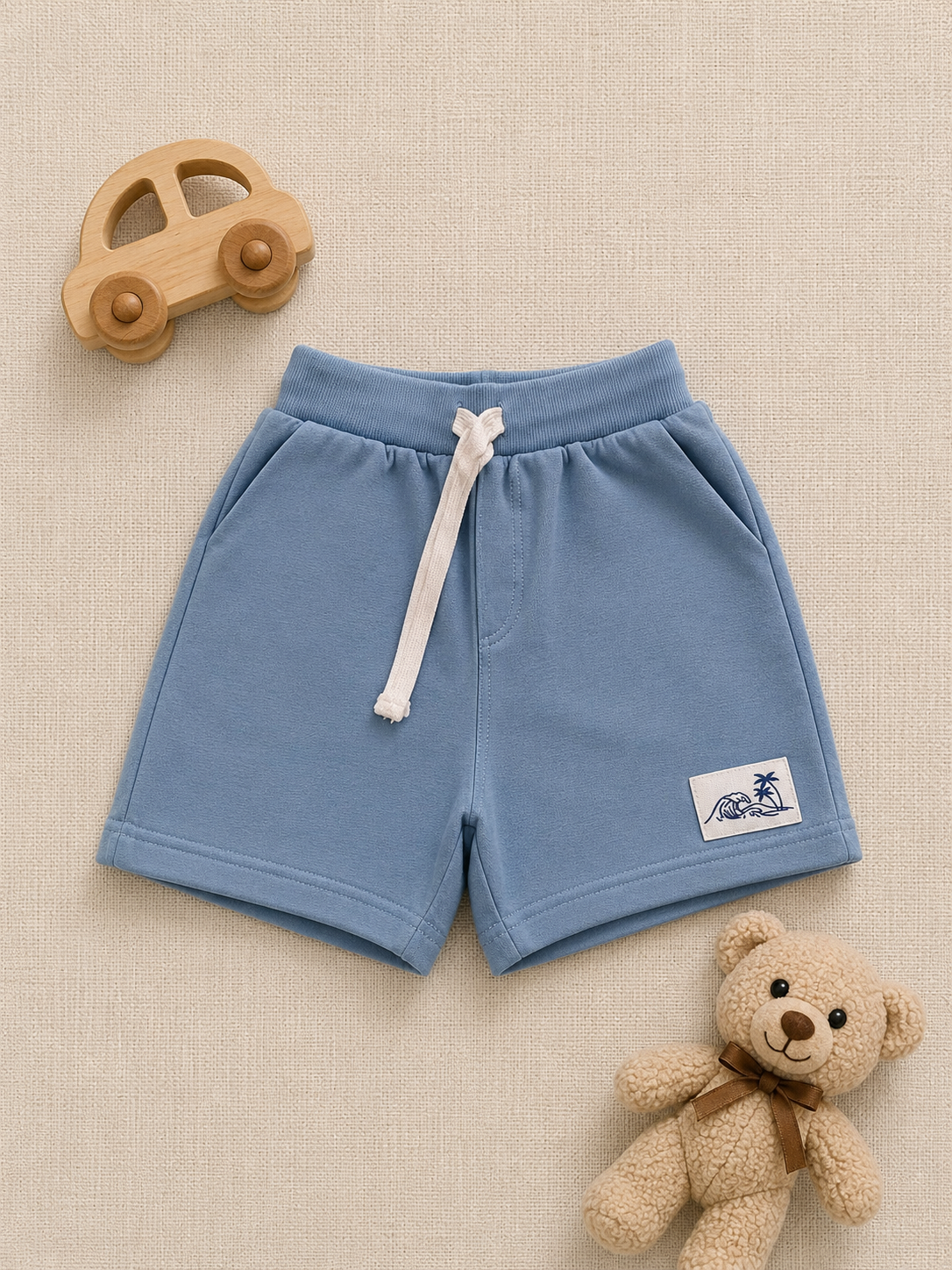 Baby Boys Sky Blue Cotton Shorts with Beach Patch