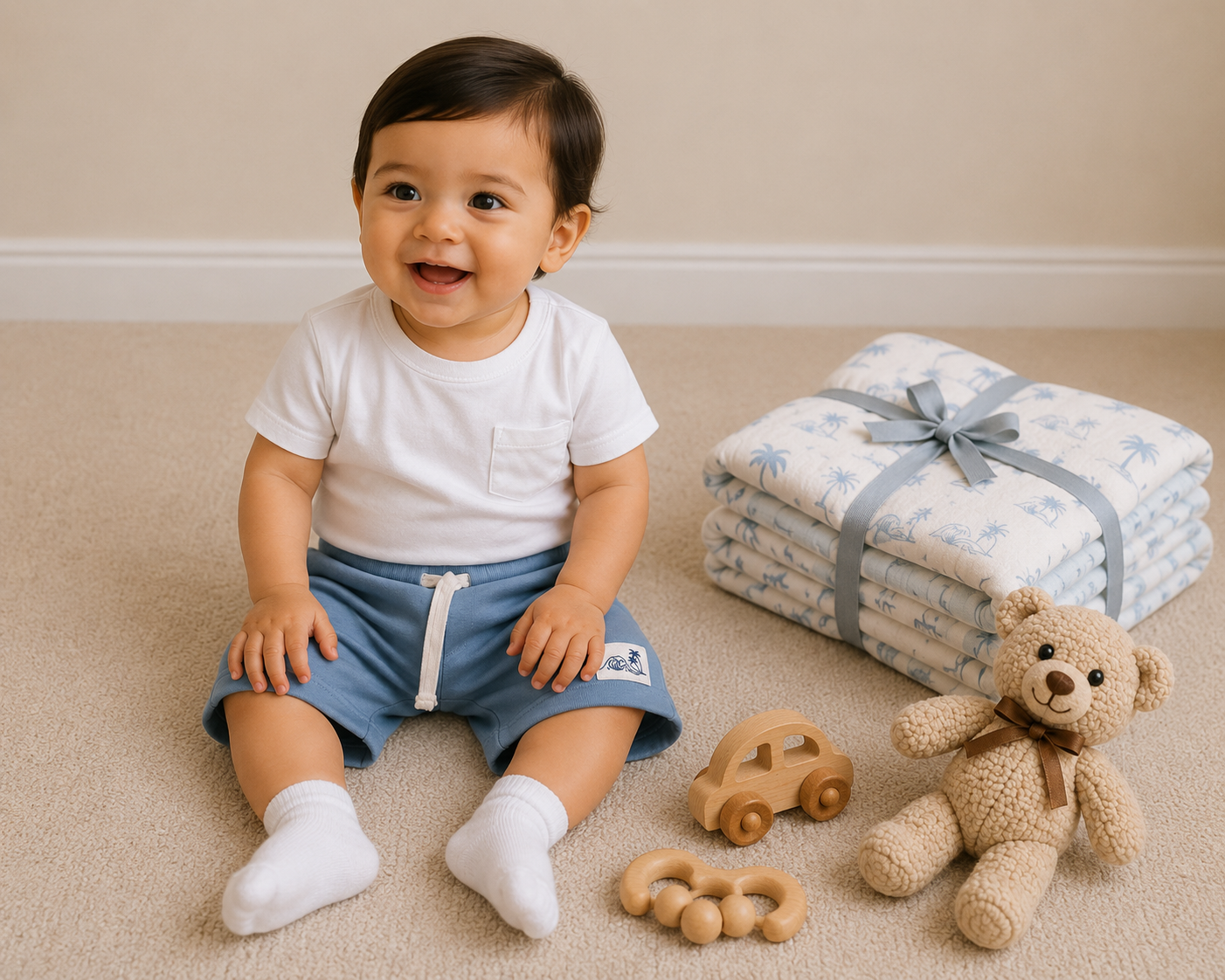 Baby Boys Sky Blue Cotton Shorts with Beach Patch