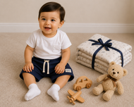 Baby Boys Sky Blue Cotton Shorts with Beach Patch