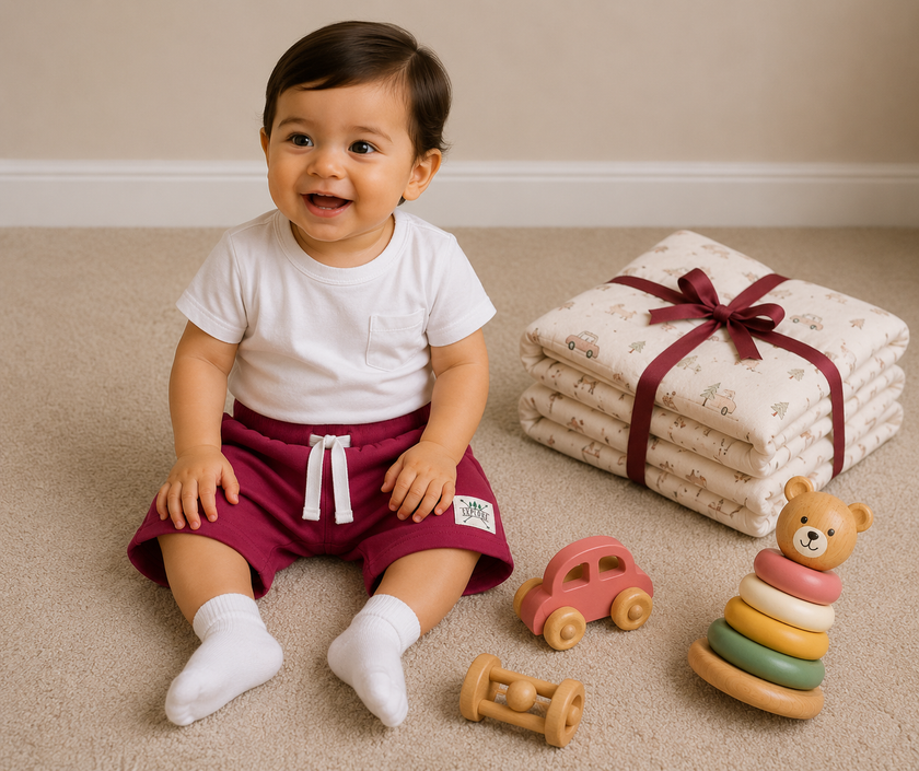 Baby Boys Sky Blue Cotton Shorts with Beach Patch