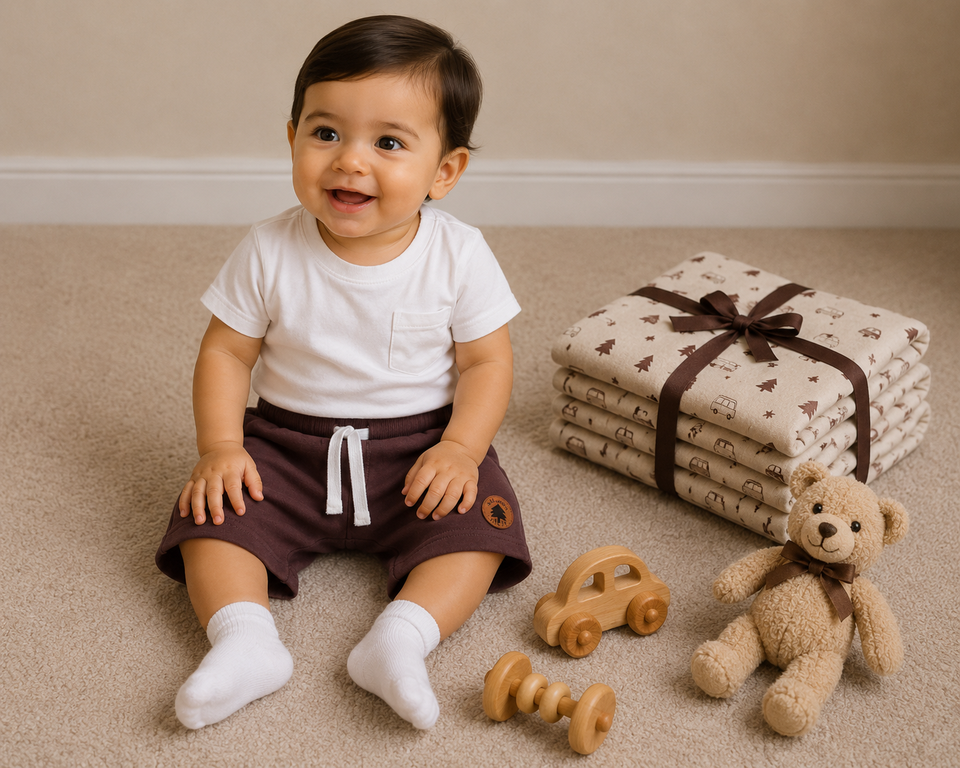 Baby Boys Sky Blue Cotton Shorts with Beach Patch