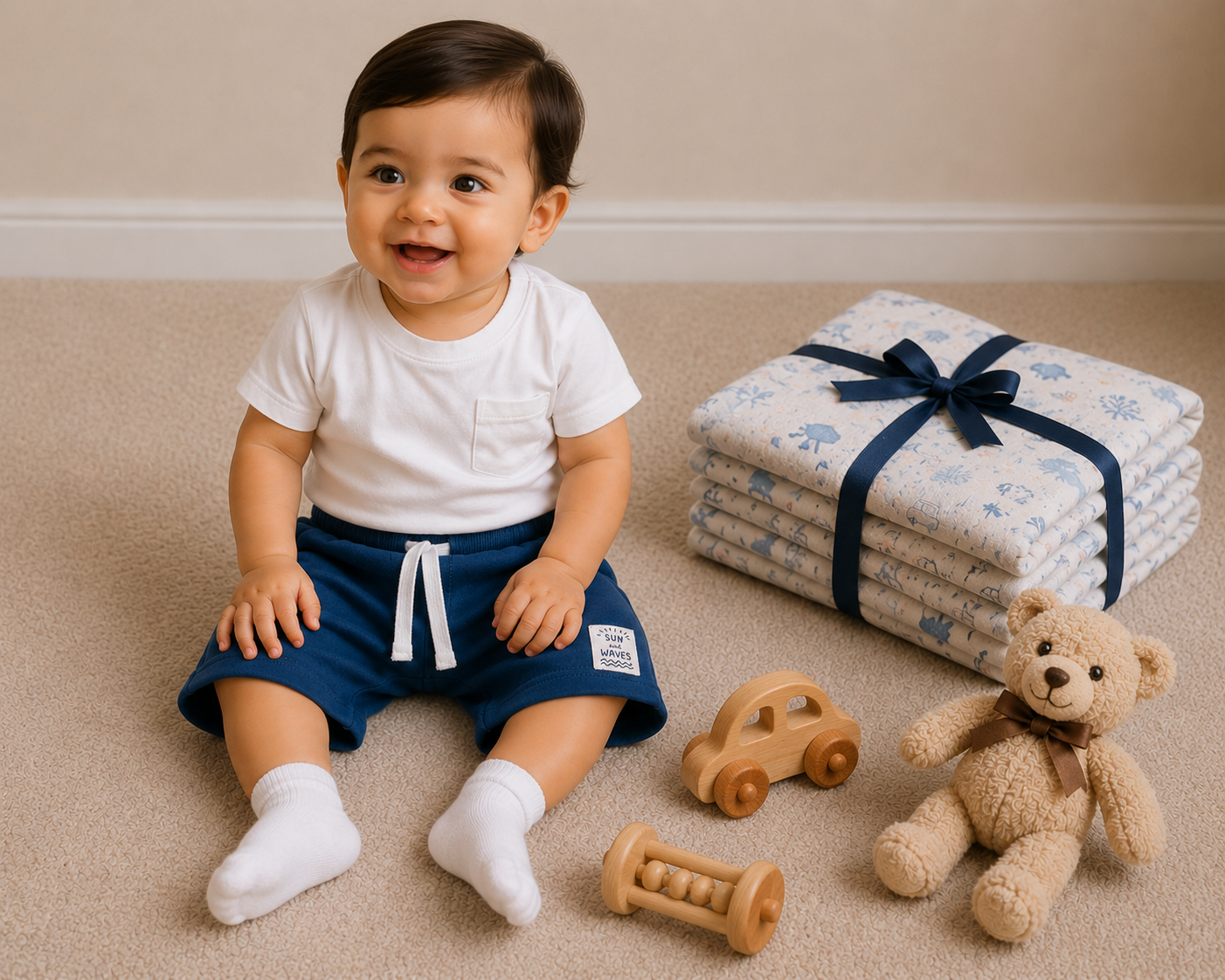 Baby Boys Sky Blue Cotton Shorts with Beach Patch