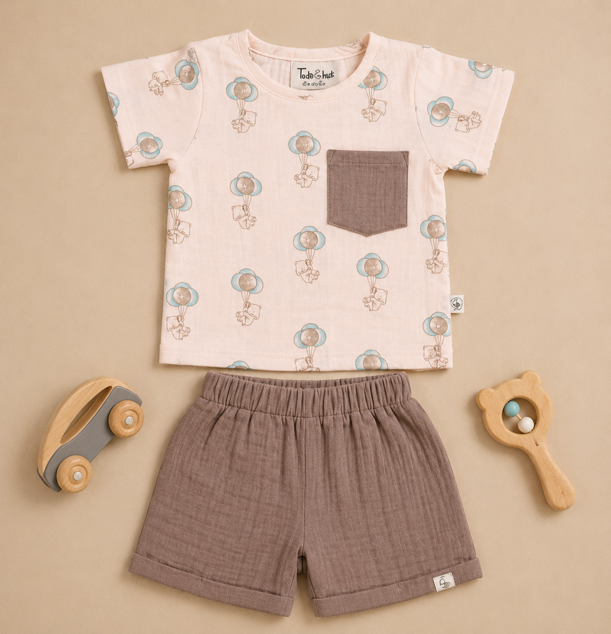 Baby Boys Balloon Bear Printed T-Shirt & Muslin Shorts Co-ord Set