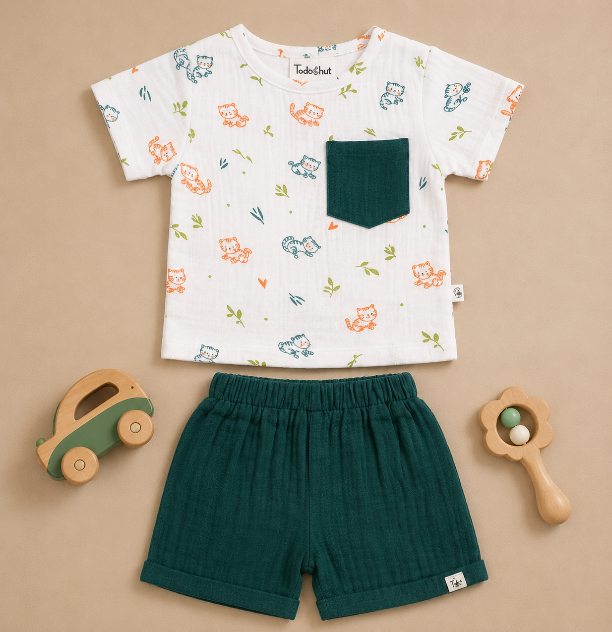 Baby Boys Balloon Bear Printed T-Shirt & Muslin Shorts Co-ord Set