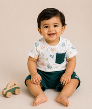 Baby Boys Balloon Bear Printed T-Shirt & Muslin Shorts Co-ord Set
