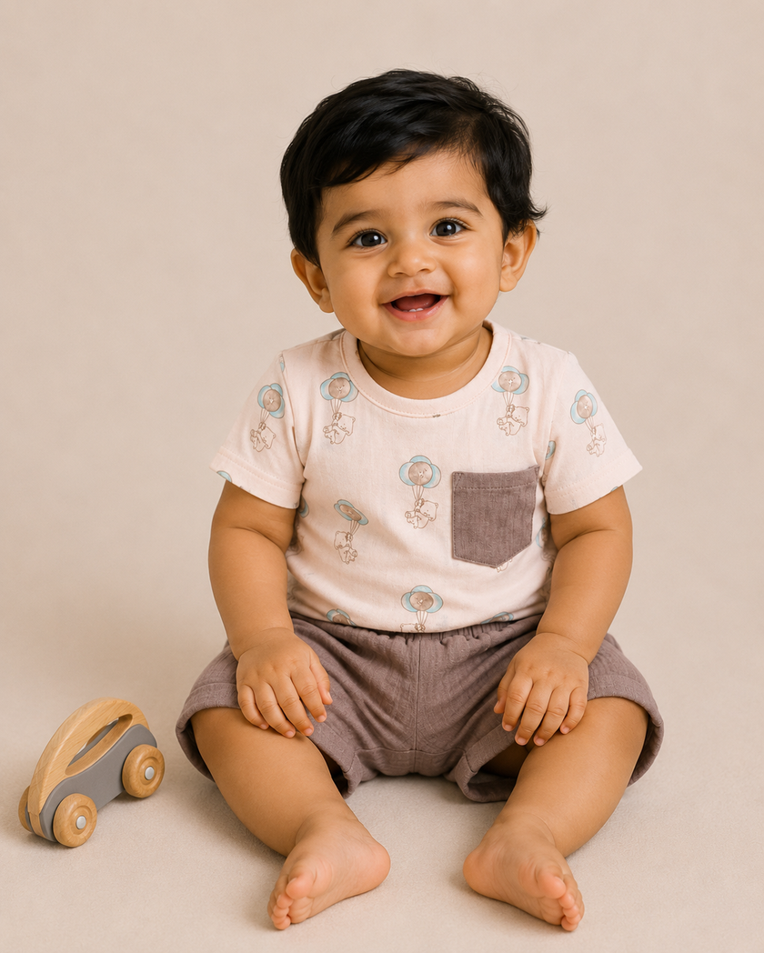 Baby Boys Balloon Bear Printed T-Shirt & Muslin Shorts Co-ord Set