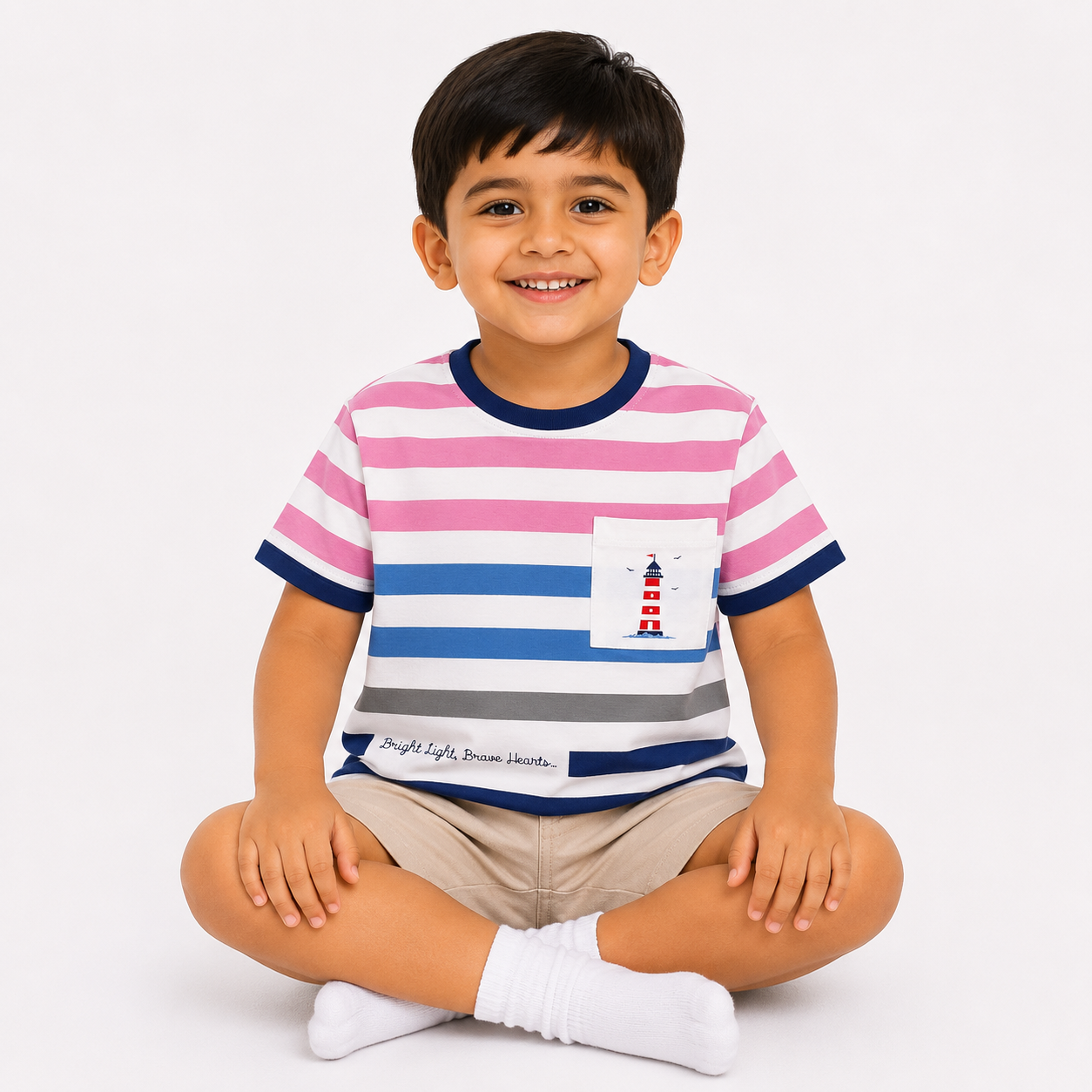Striped Cotton T-Shirt with Lighthouse Pocket Print